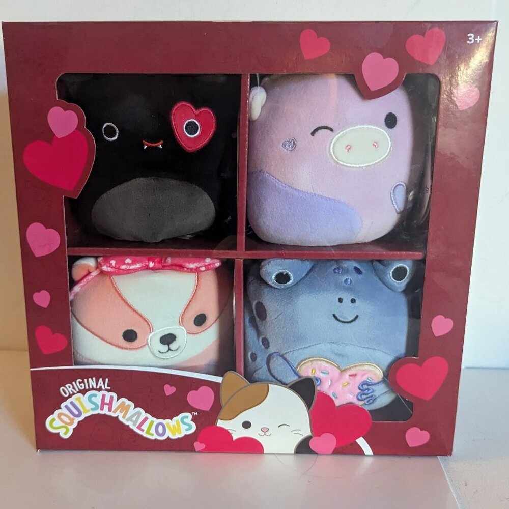 NWT 5" Squishmallows 4 Pack Bat Cow Frog Badger Valentine's Valloween Gift Plush